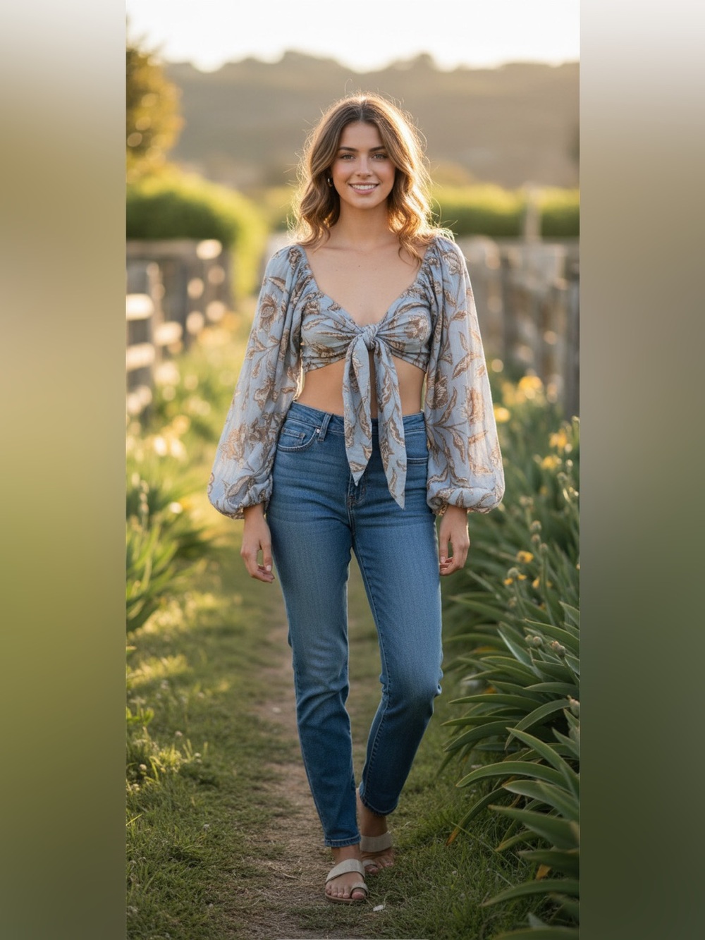 Tigerlily Blue Floral Tie-Front Crop Top | Puff Sleeve Hobo Blouse  4️⃣ NWOT